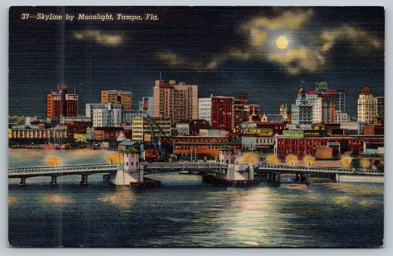 Tampa FL-Florida, Skyline By Moonlight, Antique, Vintage Postcard