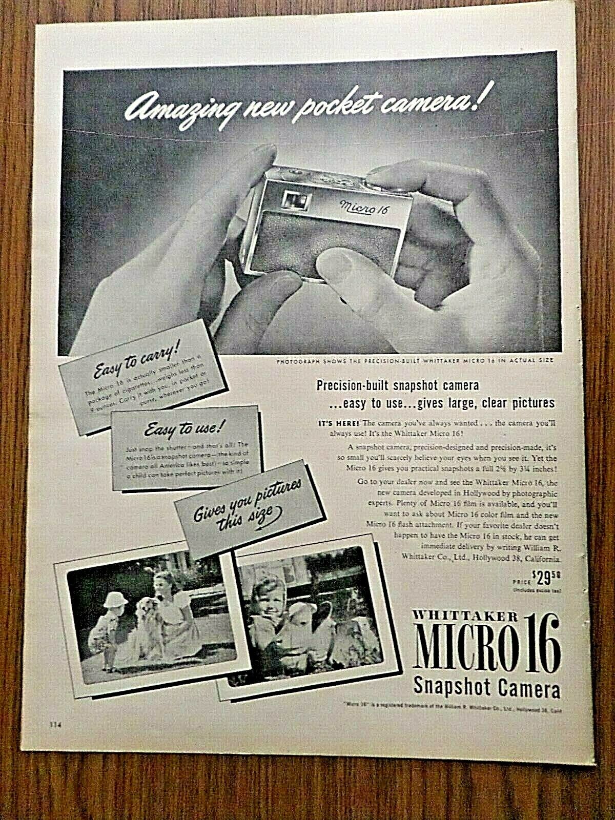 1947 Whittaker Micro 16 Snapshot Camera Ad