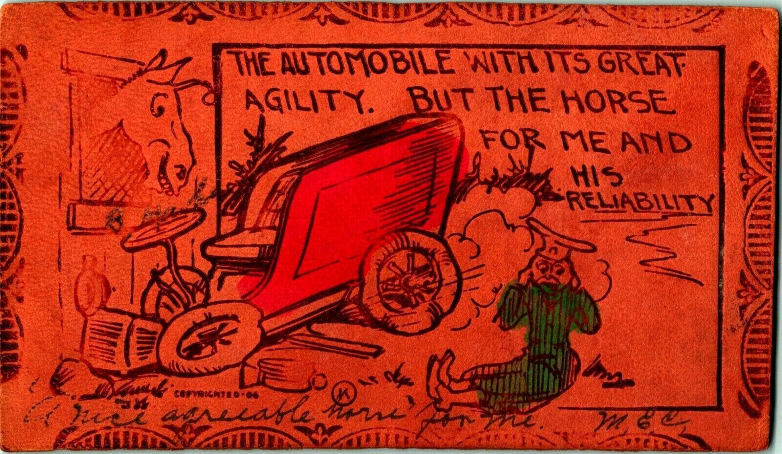 Leather Postcard Comic The Horse and the Automobile 1907
