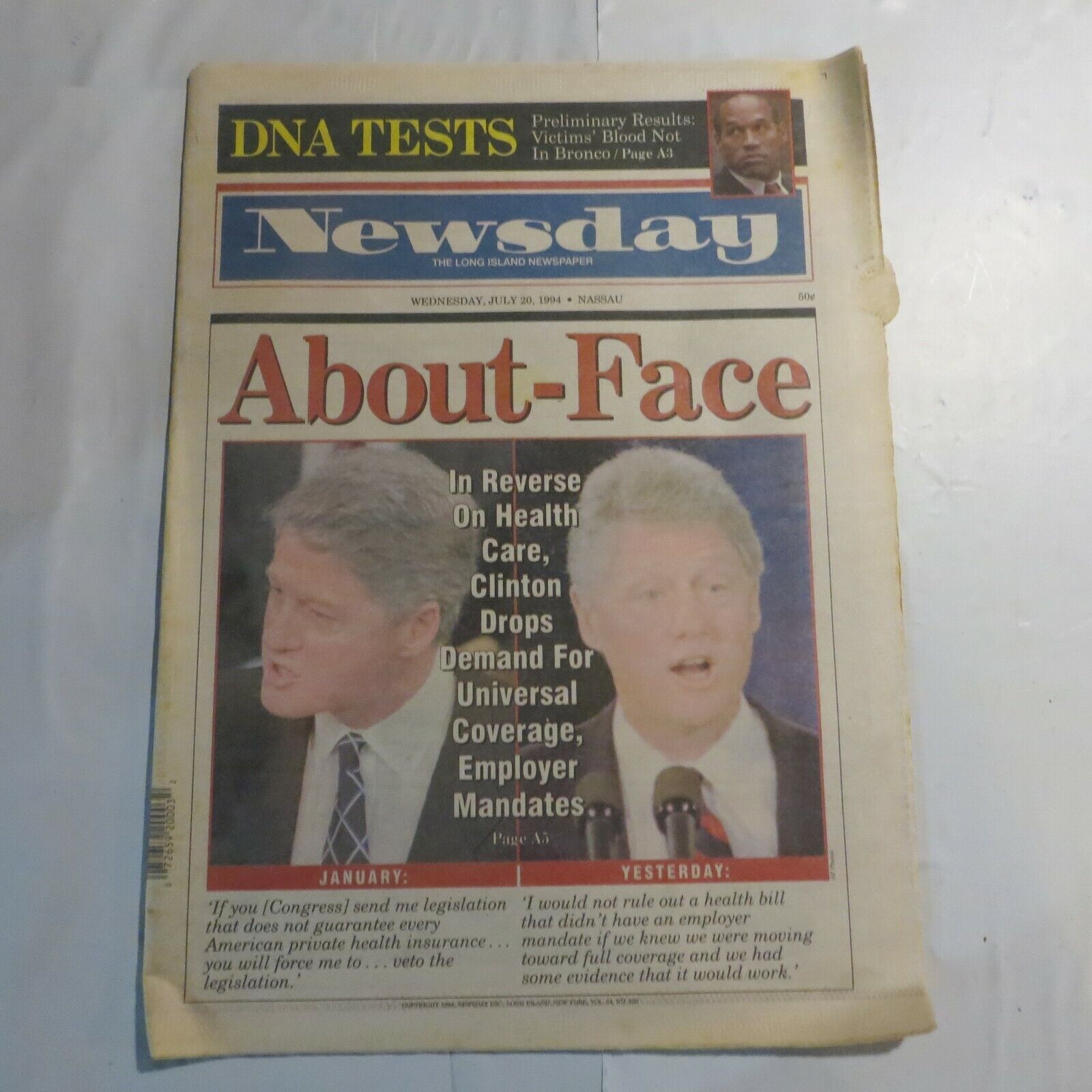 Newsday Long Island July 20 1994 OJ Simpson DNA Test Clinton Healthcare 8C