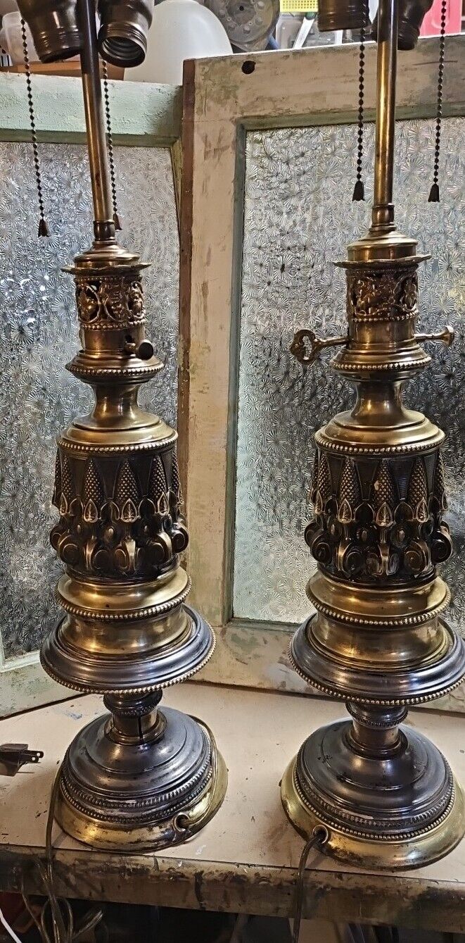 VTG PAIR Warren Kessler New York Ornate Brass AND metal Table Lamps New York