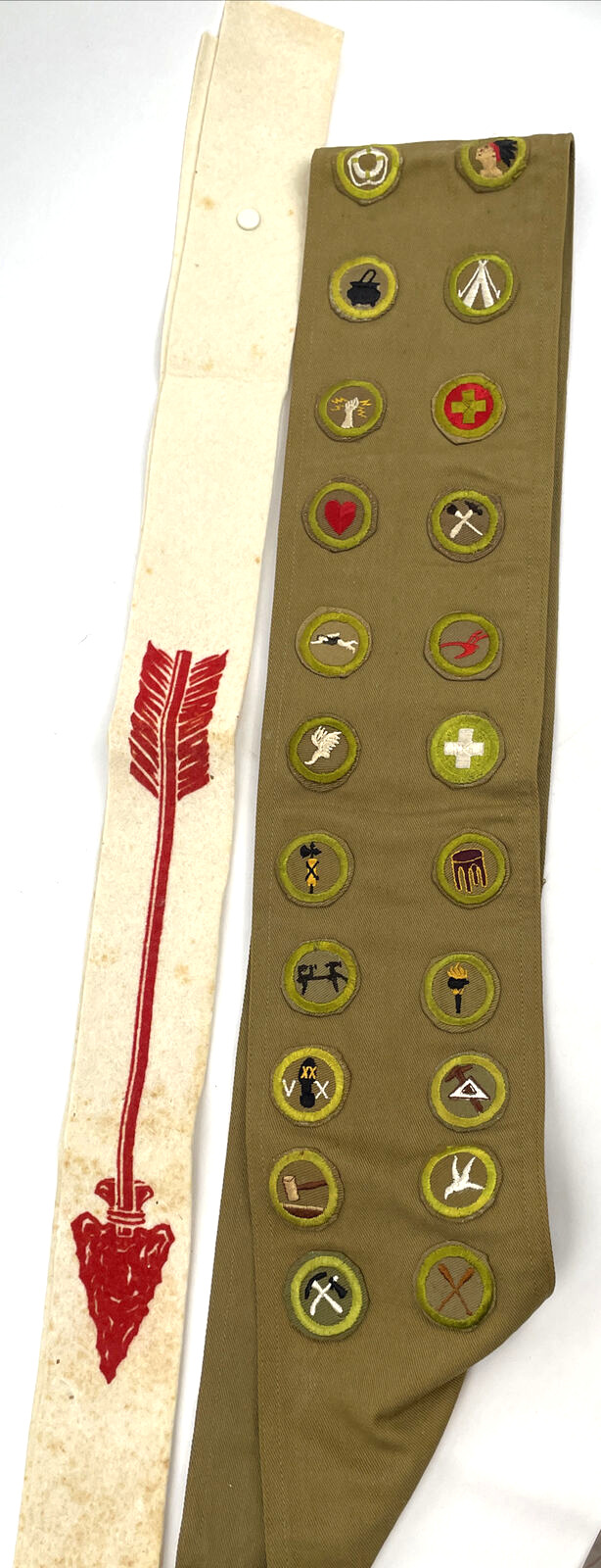 Vintage BSA 1930's Boy Scout Sash with 22 Merit Badges & Order Of The Arrow Sash