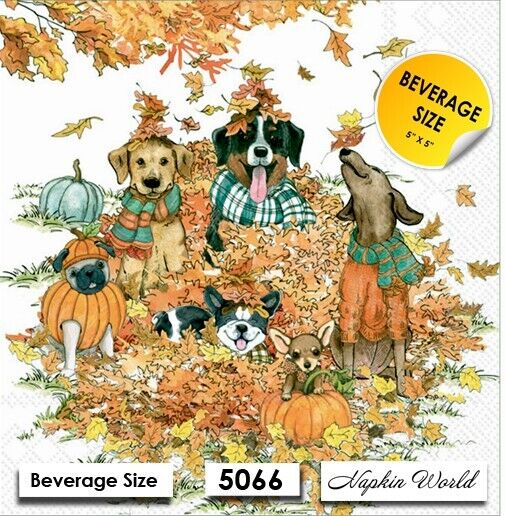 (5066) TWO Paper BEVERAGE / COCKTAIL Decoupage Art Craft Napkins - DOGS AUTUMN
