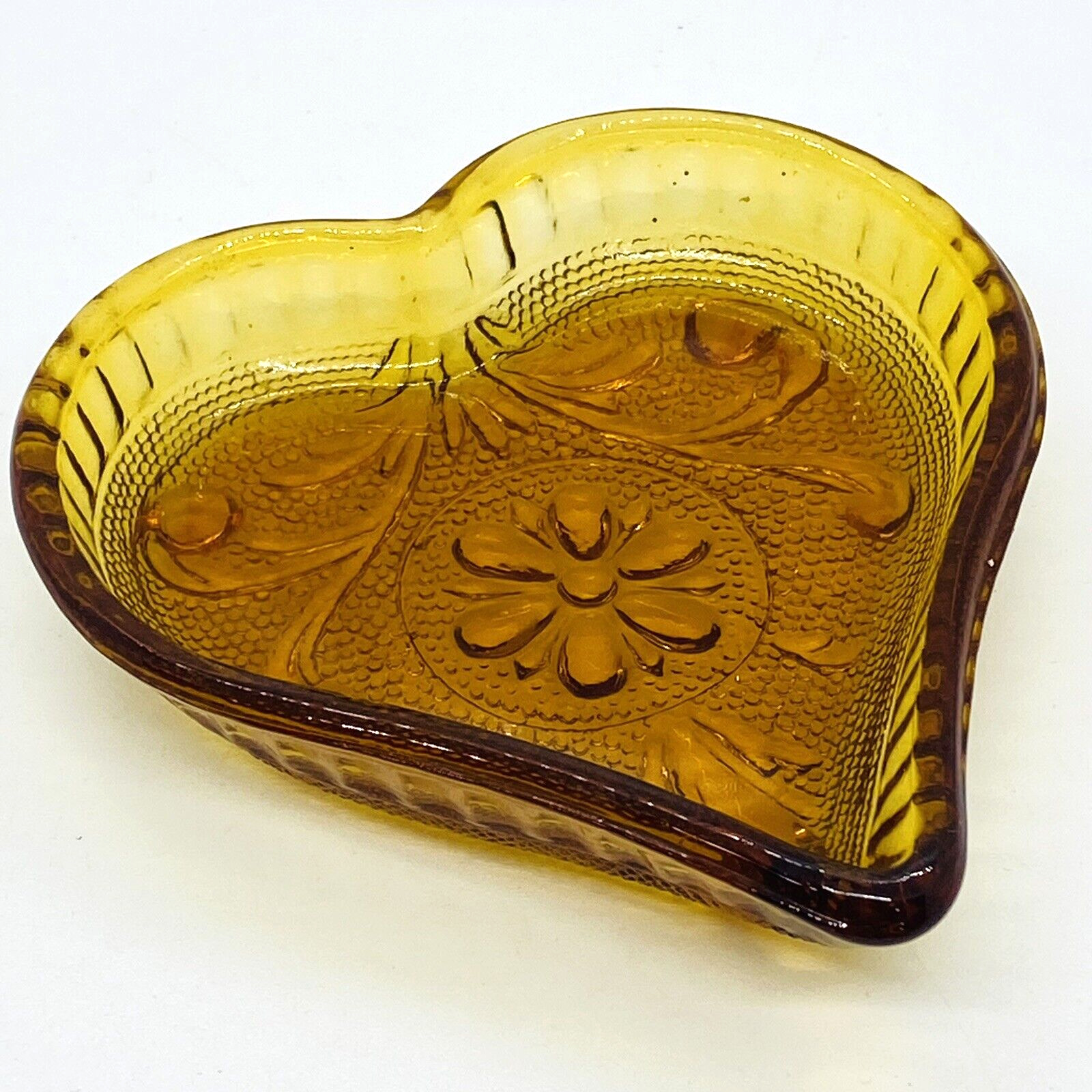 Vintage Indiana Glass Amber Depression Glass Heart Trinket Dish Tray