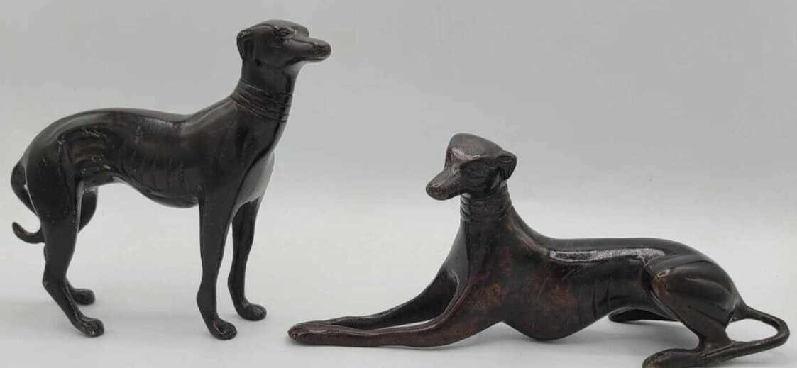 Vintage Mid Century Modern Pair of Bronze Metal Greyhound Figurines