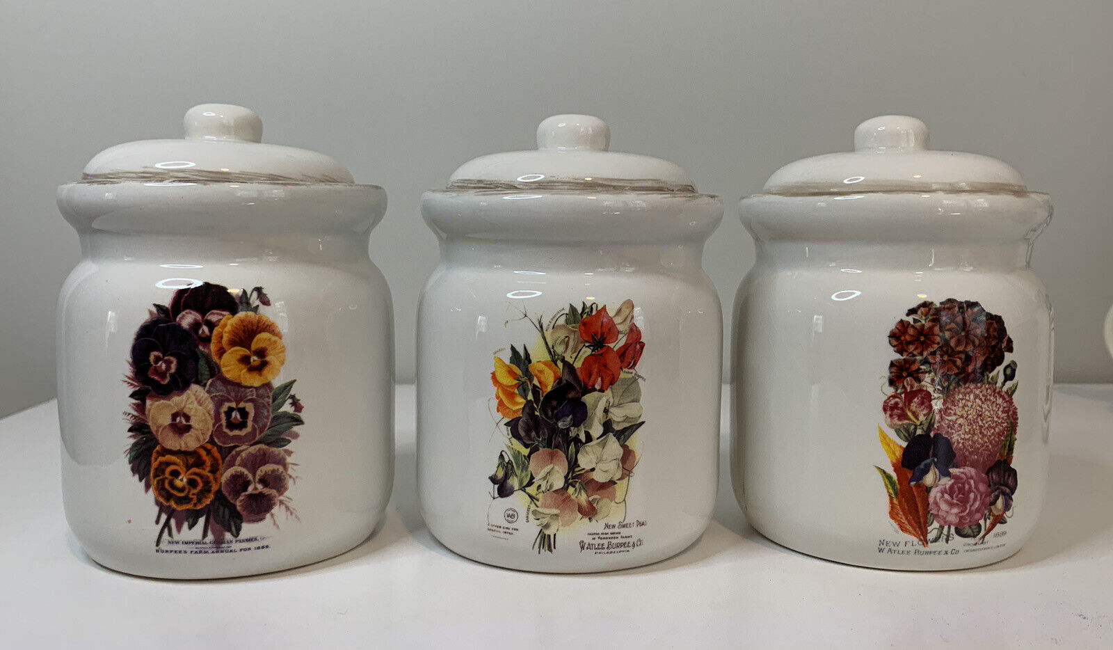 Vintage Cracker Barrel Ceramic Canister Set/3 Attlee Burpee Garden Seeds Flower