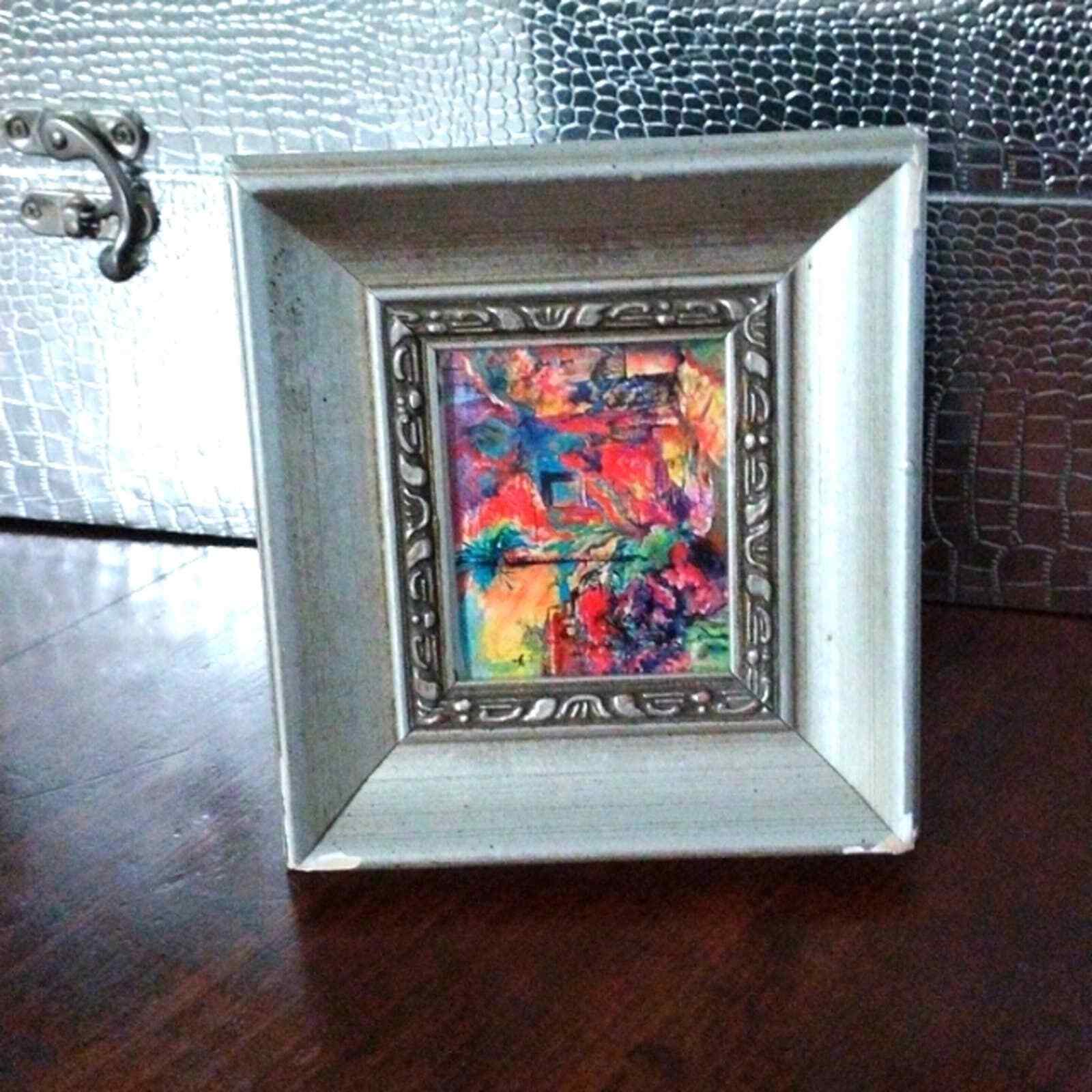 Vintage Small Art Frame Modern Tropical Colorful Print Wood Frame  5 x 5 inches