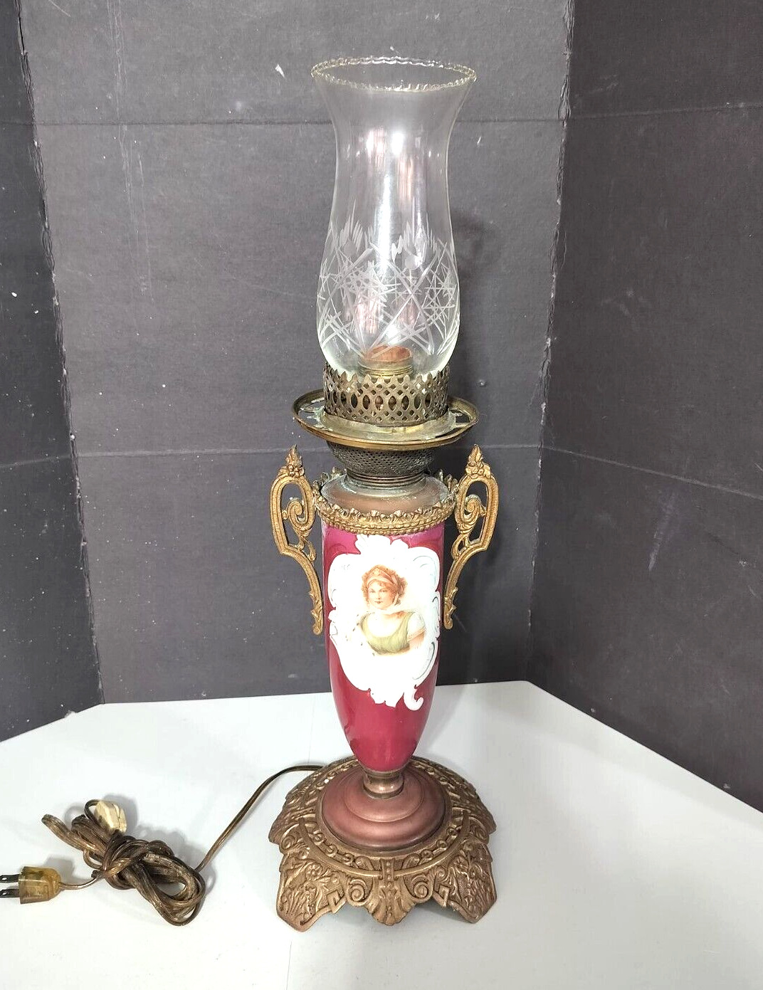 Antique Sevres Style Porcelain & Bronze table lamp, 19.75\