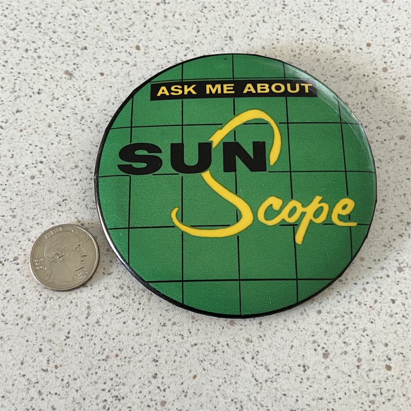 Ask Me About Sun Scope Automotive Engine Tester 4 Inch Vintage Pinback Button