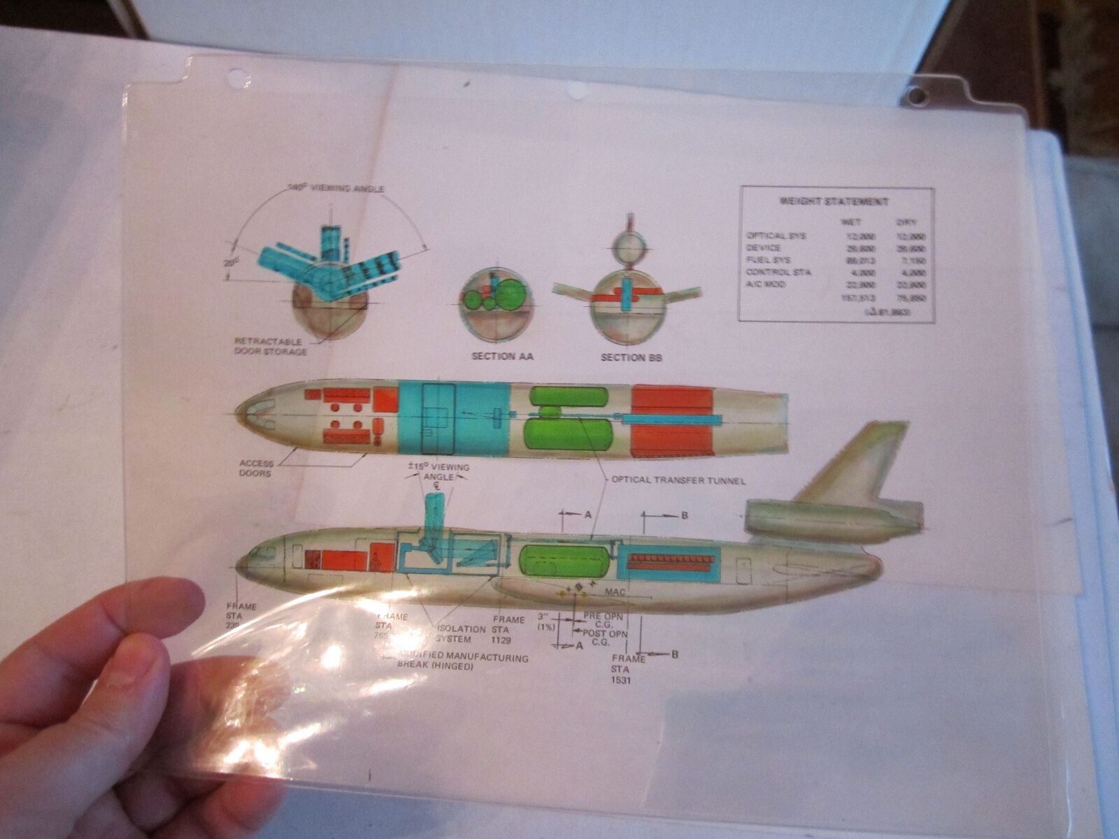 (9) JET SCHEMATIC DRAWINGS & BLUE PRINTS - COLORED ON PLASTIC SHEETS -TUB BN-16