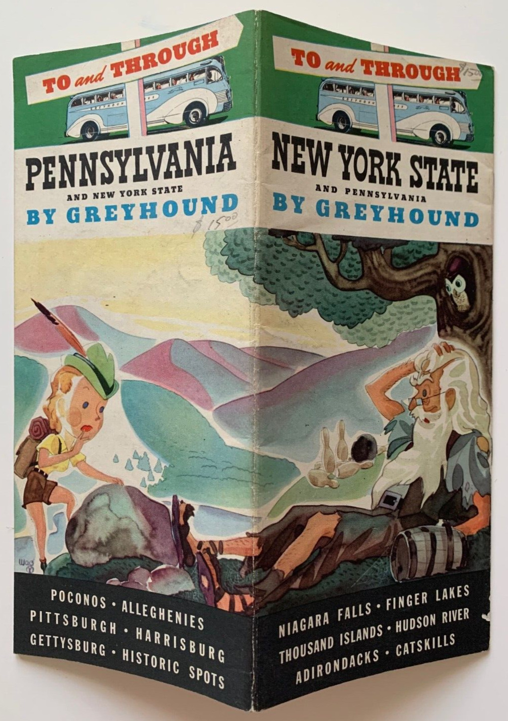 Vintage 1937 Greyhound Bus Travel Brochure NY Pennsylvania Rip Van Winkle color