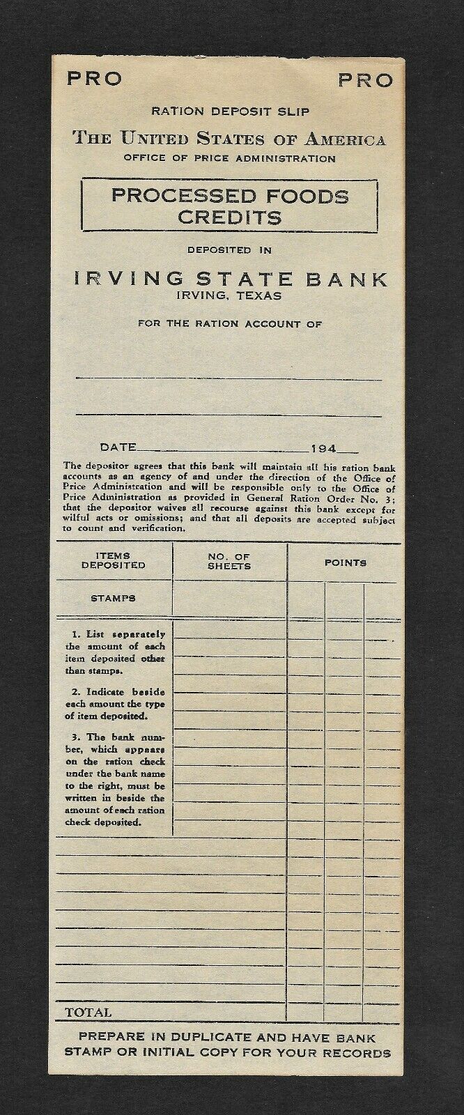 1940's Ration Deposit Slip for Processed Food Credits in Irving State Bank Texas