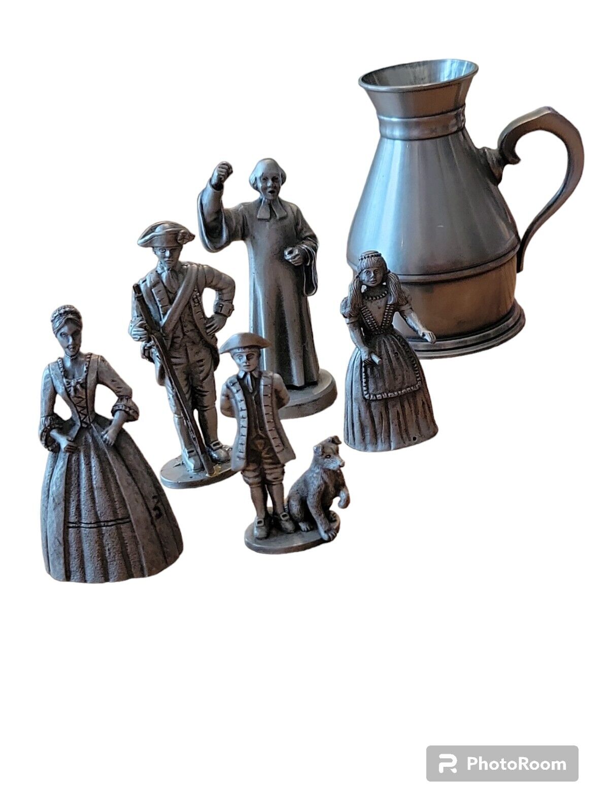 Pewter Miniatures Fort, Hudson, Thomas Williams Figurines & Pitcher Lot Of 6