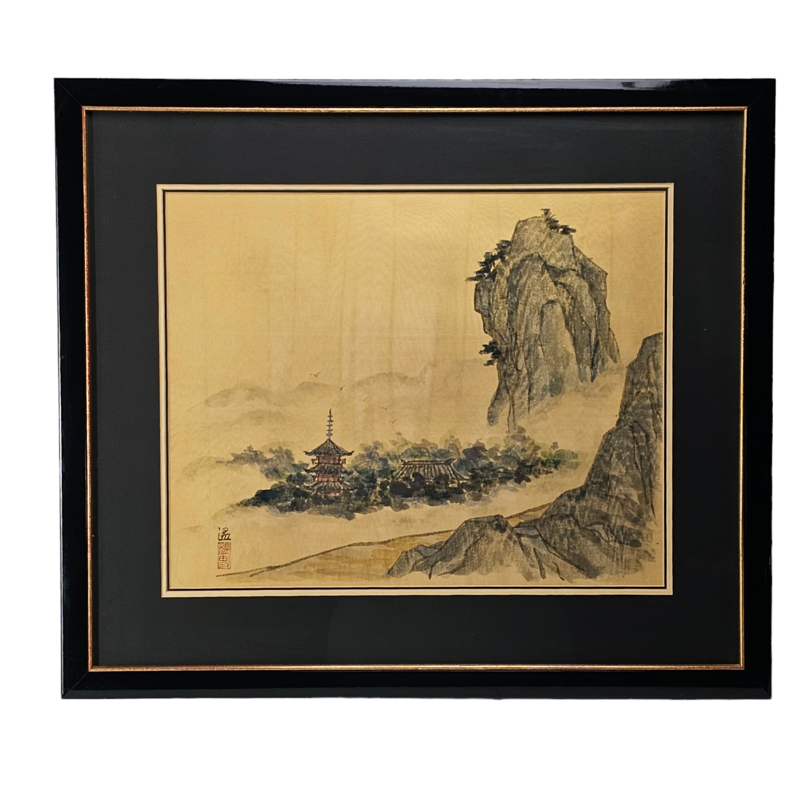 Vintage Chinese Silk Painted Landscape Black Gold Beautifully Framed