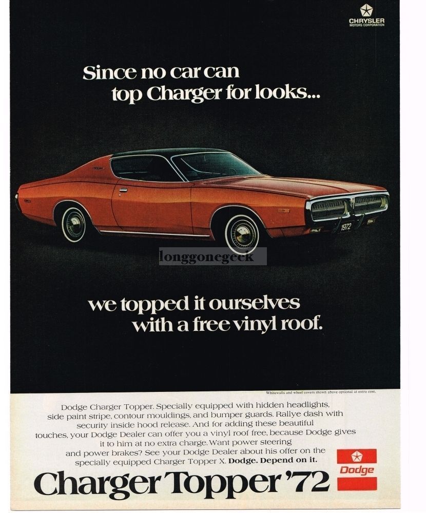 1972 Dodge CHARGER Red 2-door w/ Vinyl Roof Vintage Print Ad 