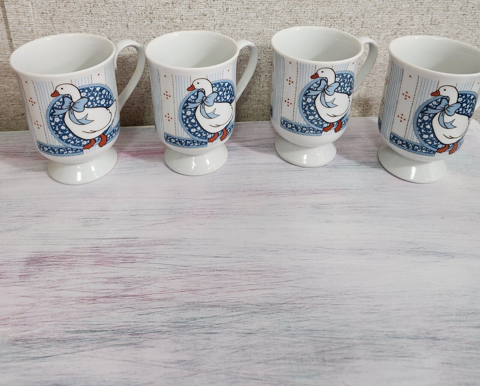 Vintage 80s Goose w/ Blue Bow Mug Set Of 4. By B & D Porcelain Cofee Mug/Tea Cup