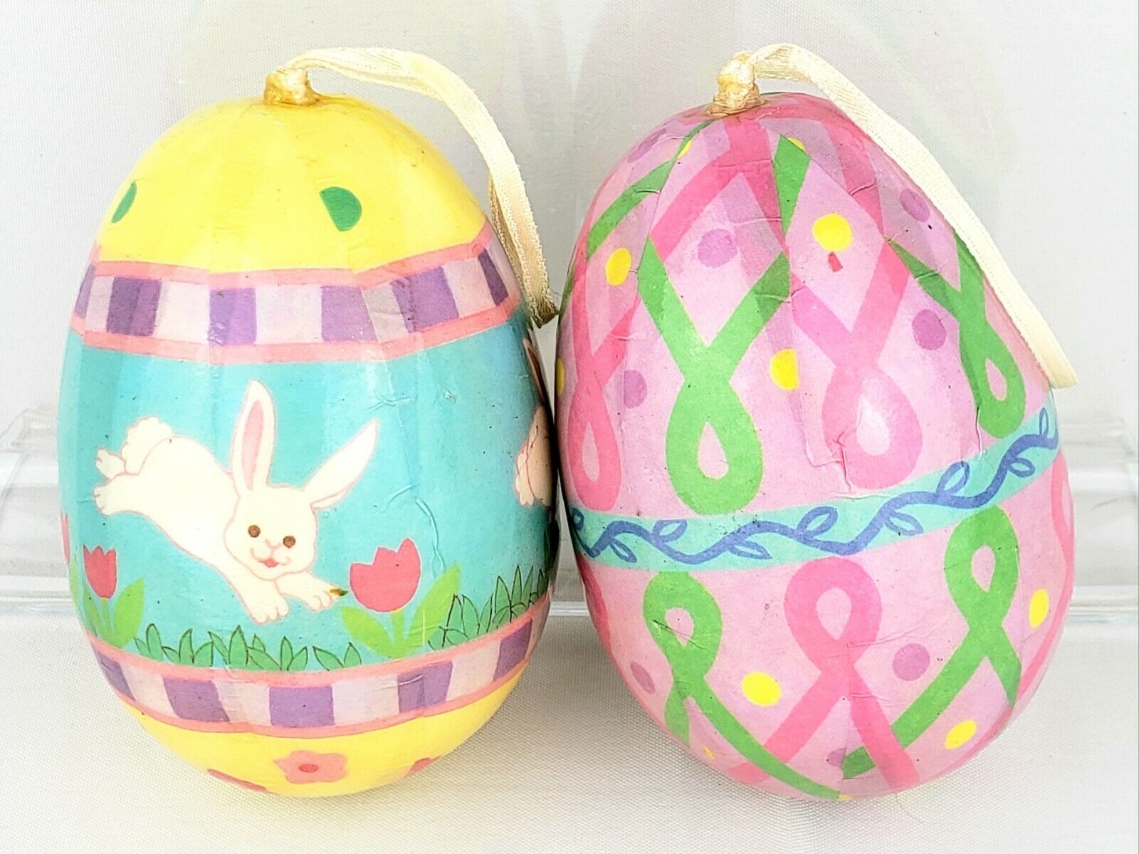 2 Papier-Mâché Easter bunny & breast cancer/mental health ribbon egg ornaments