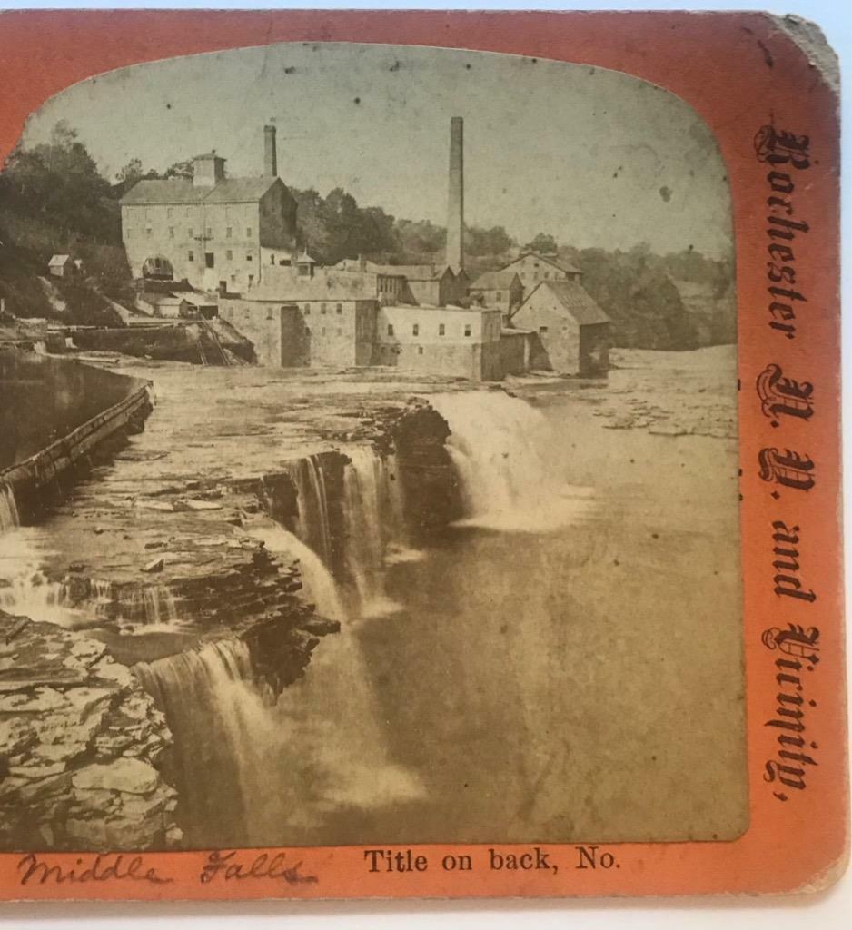 STEREOVIEW c1880 GENESEE RIVER MIDDLE FALLS at ROCHESTER New York by SANDERSON