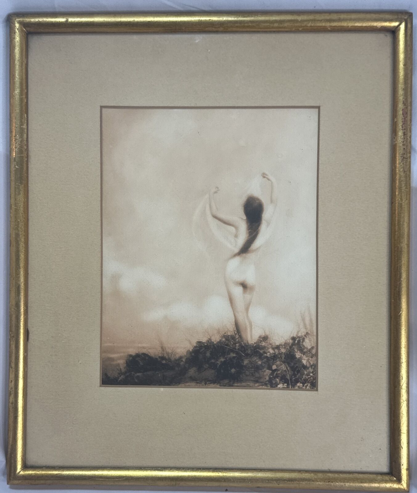 J.W. PONDELICEK Signed Girl on Seashore Circa 1920s Framed Sepia Photo Pinup