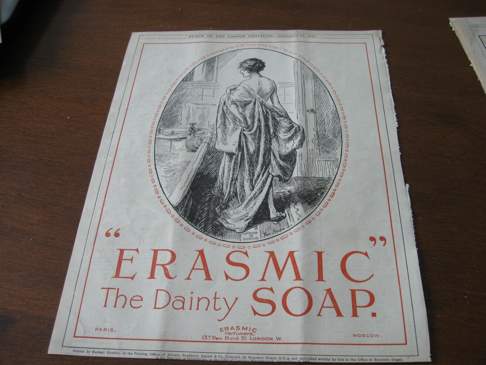 1918 Original Advertising AD - ART DECO Style ERASMIC SOAP Girl Undressing BATH