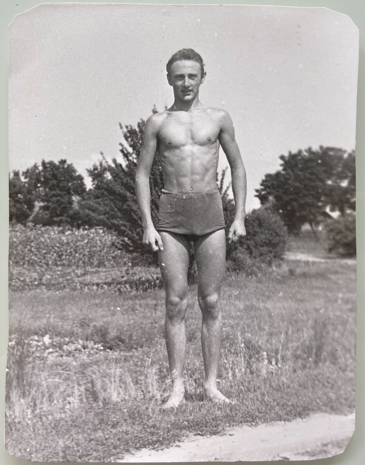 Shirtless Man Physique Beefcake Handsome Affectionate Gay Interest Vintage Photo
