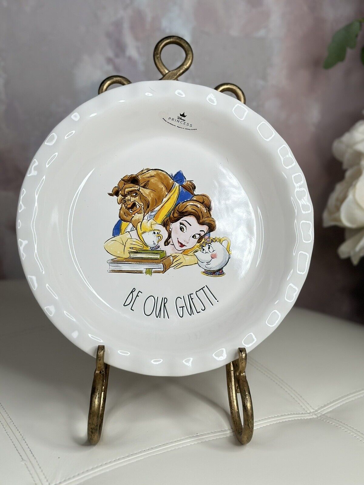 New Rae Dunn Pie Dish BE OUR GUEST Disney Princess Beauty and the Beast RARE