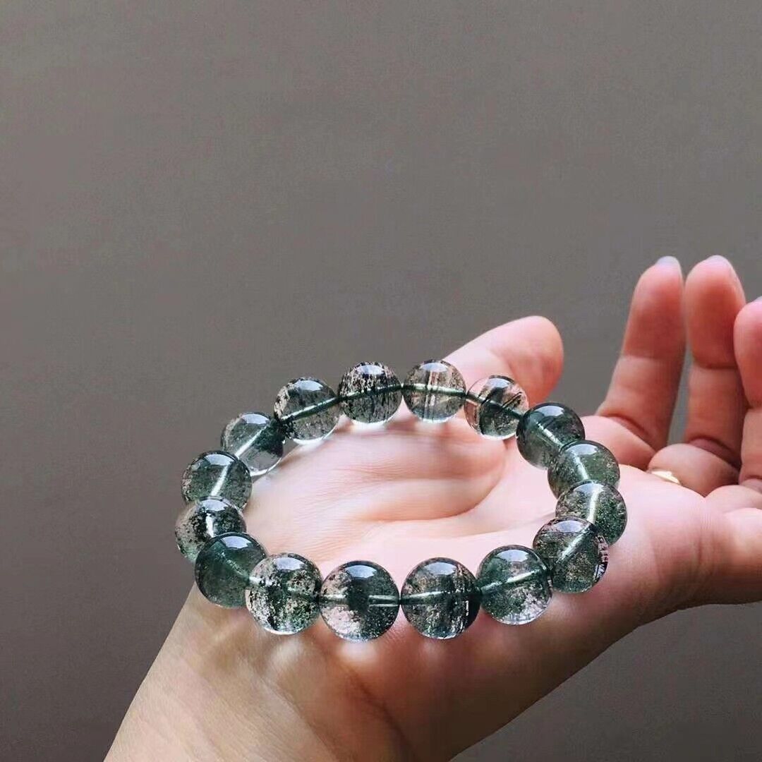 Natural Green Phantom Crystal Quartz 12mm Round Bead Healing Fashion Bracelet 