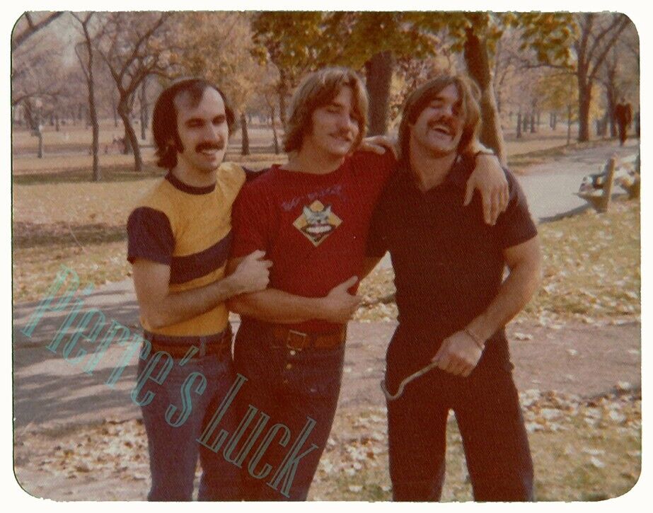 Three Young Moustache Men in Tight Jeans Vintage 1970's Snapshot - Gay Interest