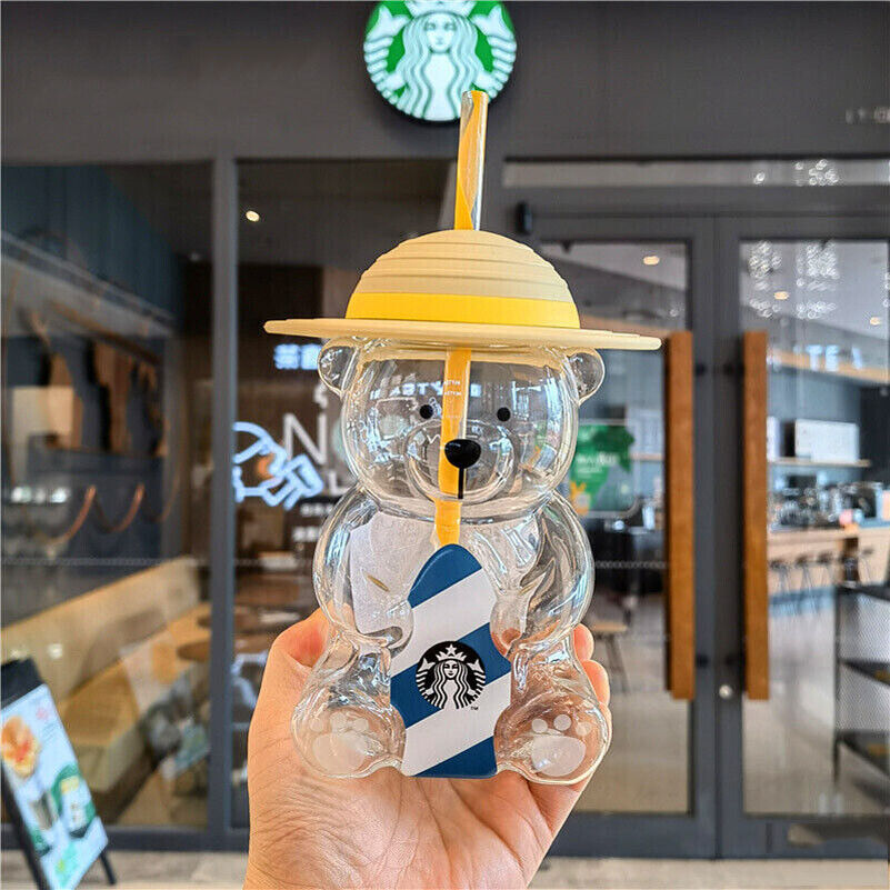 New Starbucks Korea 2022 Summer Yellow Hat Bear 473ml Glass Straw Cup Tumbler