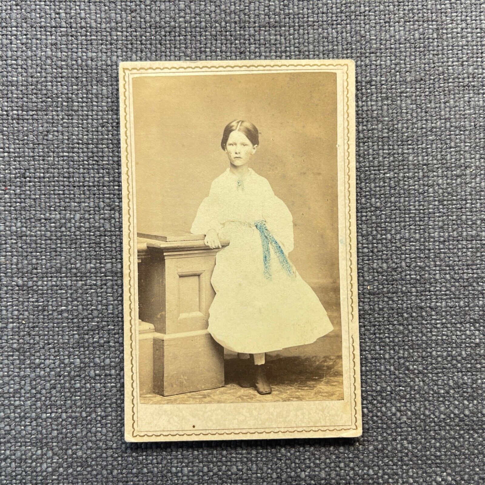 CDV Photo Antique Carte De Visite Portrait Girl in White Dress Hand Tinted RI