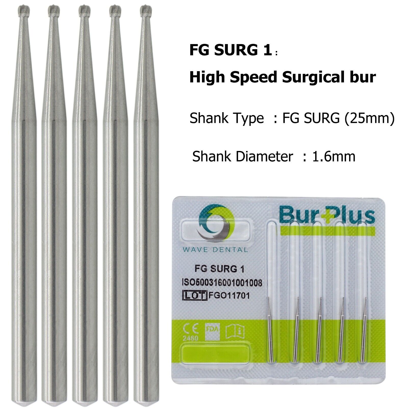 Wave Dental Oral Surgical Bur Tungsten Carbide Midwest Friction Grip FGOS 25mm
