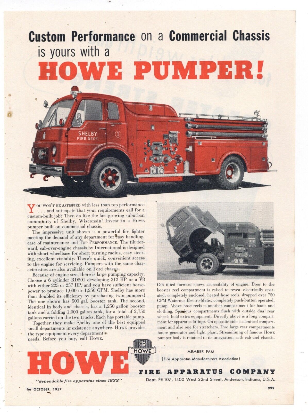 1957 Howe Fire Apparatus Ad: Shelby, Wisconsin Fire Department Pumper Pictures