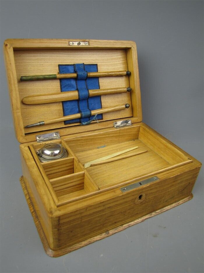 Large Vintage Solid Oak Portable Writing Box w/ Writing Tools 4-Compartments