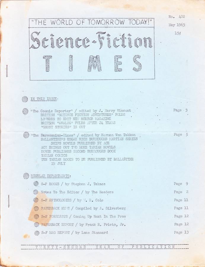 1963 SCIENCE FICTION TIMES #402 - Barsoomian Times Edgar Rice Burroughs news