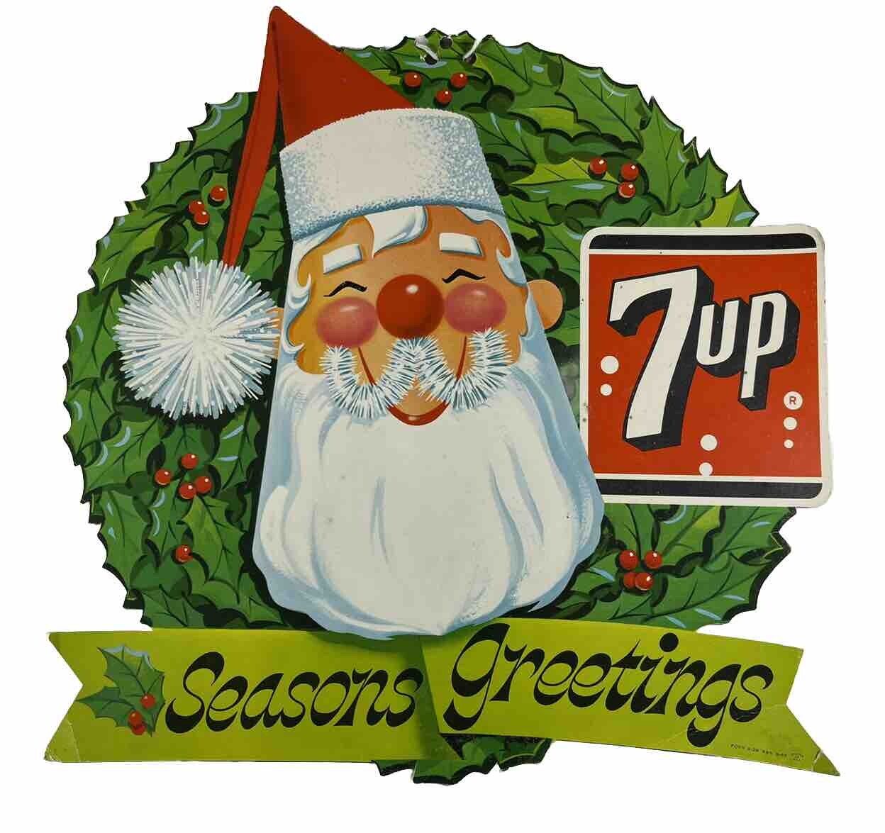 Vintage 1960s 7up Diecut Cardboard Santa Christmas Soda Advertising Sign 1965