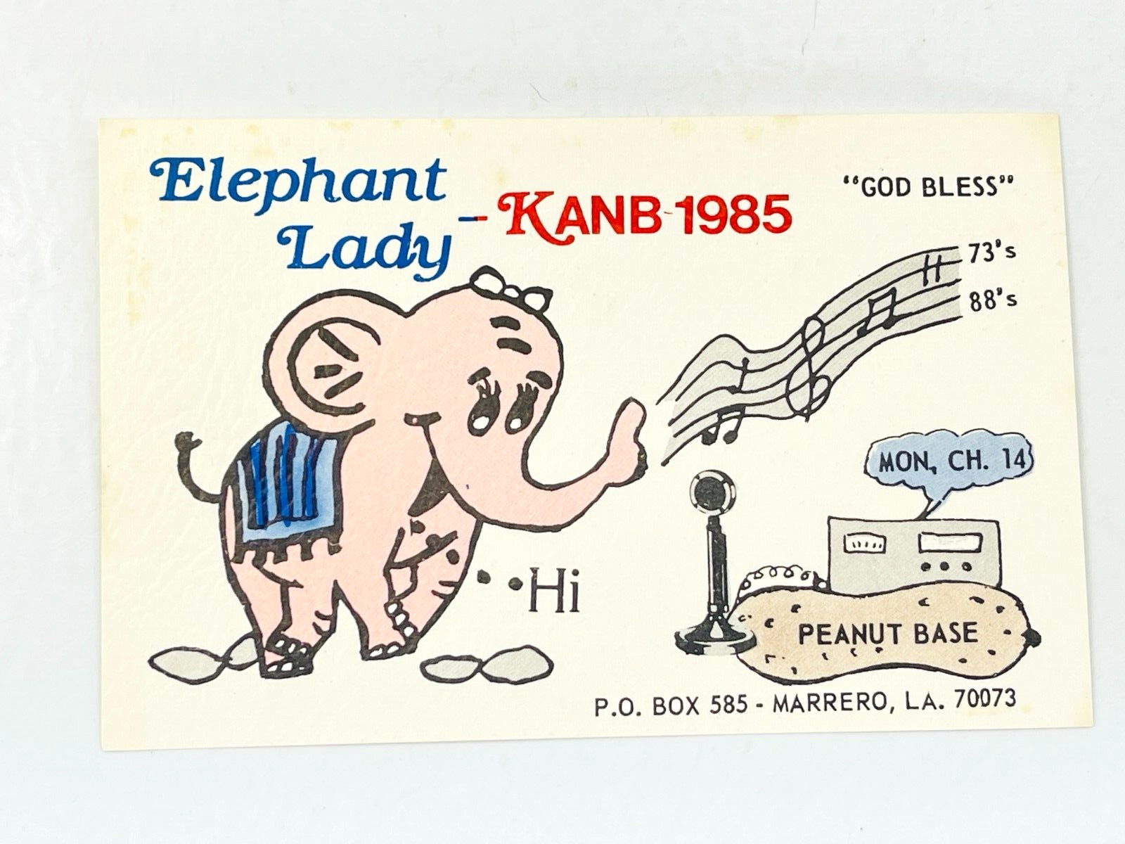 Vintage QSL Card Ham CB Amateur Radio Elephant Lady KANB 1985 Peanut Base