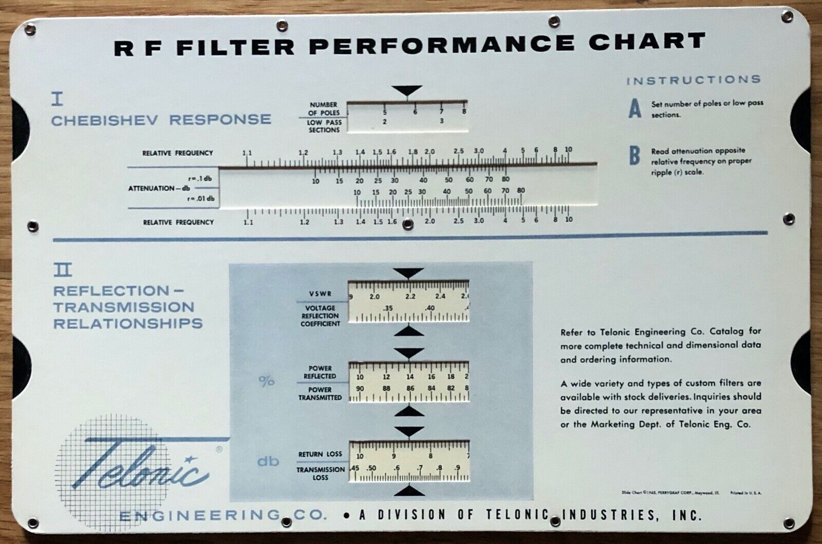 1965 Telonic Engineering RF Filter Performance & Band Pass Filters Slide Chart 