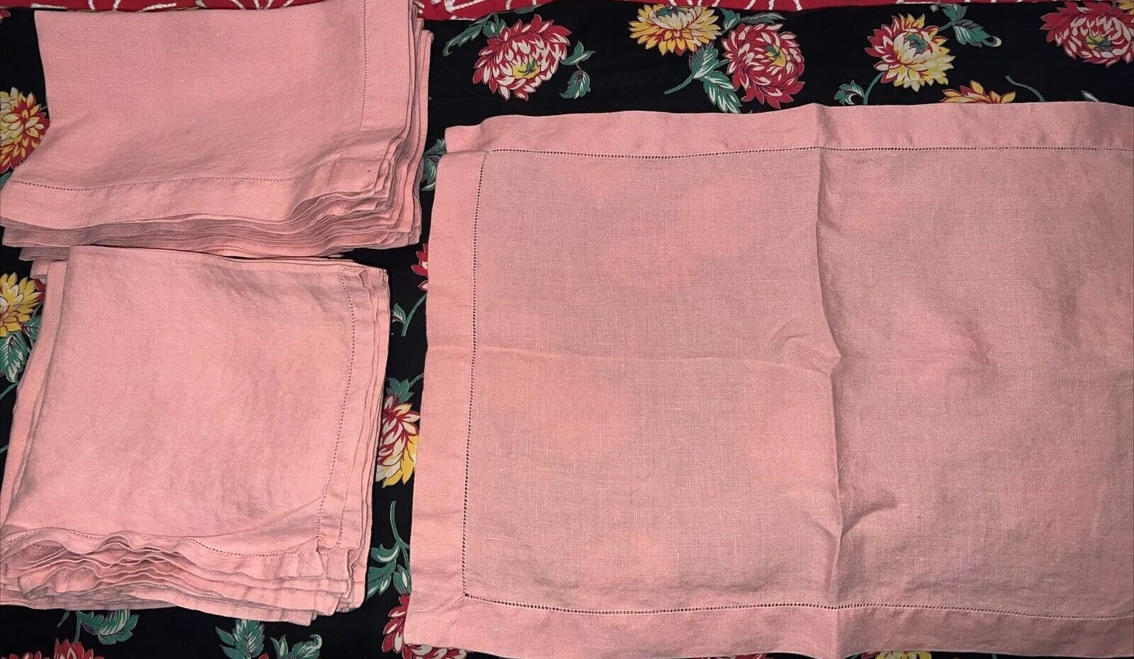 Vintage Plain Pink Linen Hemstitched 8 Placemats 8 Napkins Pink