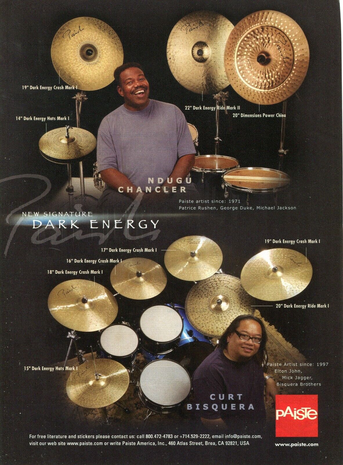 2005 Print Ad Paiste Dark Energy Drum Cymbal Setup Ndugu Chancler, Curt Bisquera