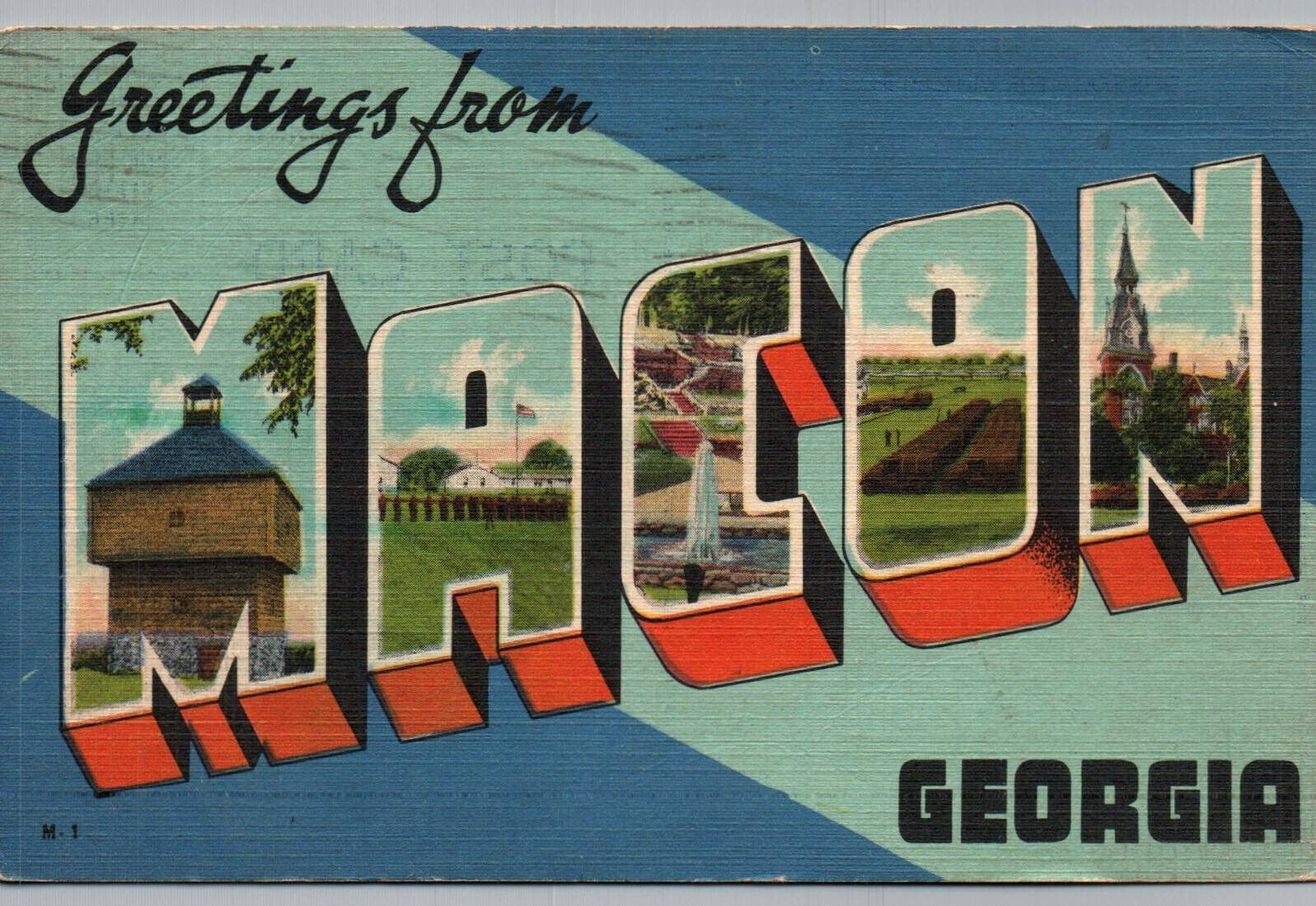 Macon Georgia Postcard Greetings from Large Letter Linen 1944 GA Posted
