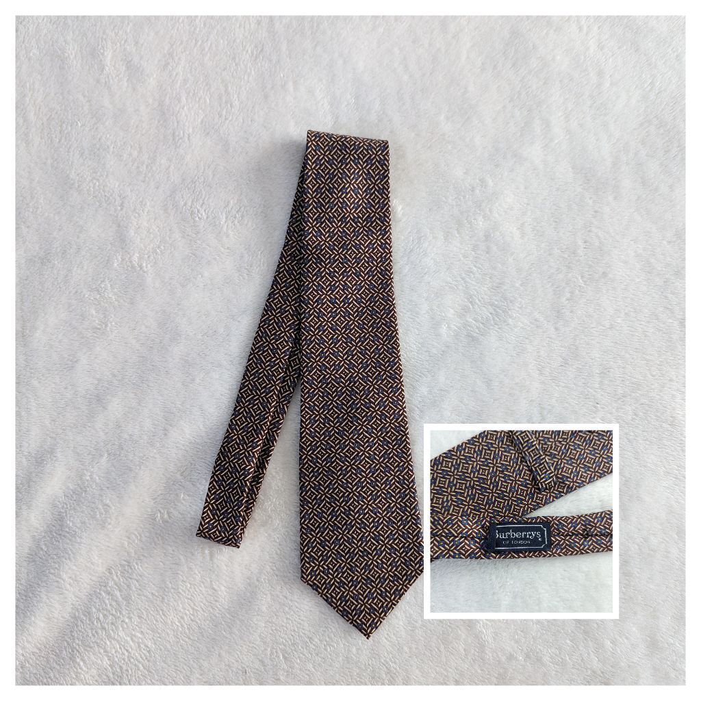 Burberry Silk Vintage Tie Brown Blue Geometric Pattern