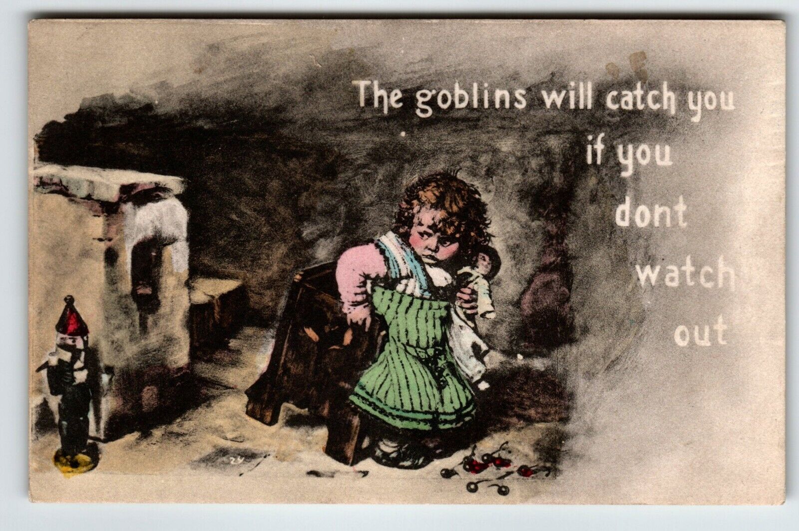 Halloween Postcard The Goblins Will Catch You Girl Doll Nutcracker Bench 1909