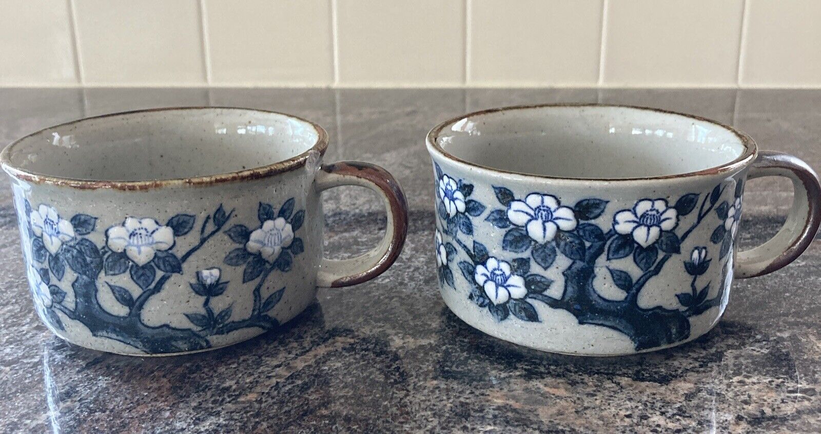 Vintage Otagiri Style Soup Mugs Stoneware Dogwood Set Of Two Blue Brown *Flaw*