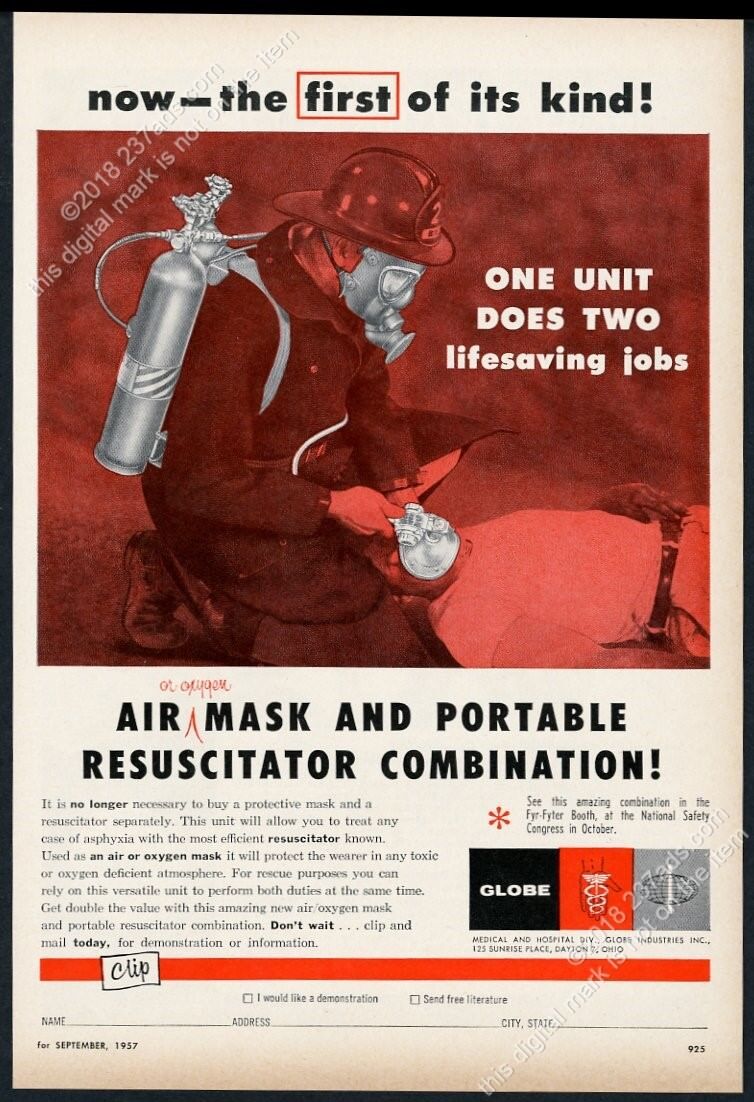 1957 Globe fire resuscitator air oxygen mask fireman photo vintage print ad