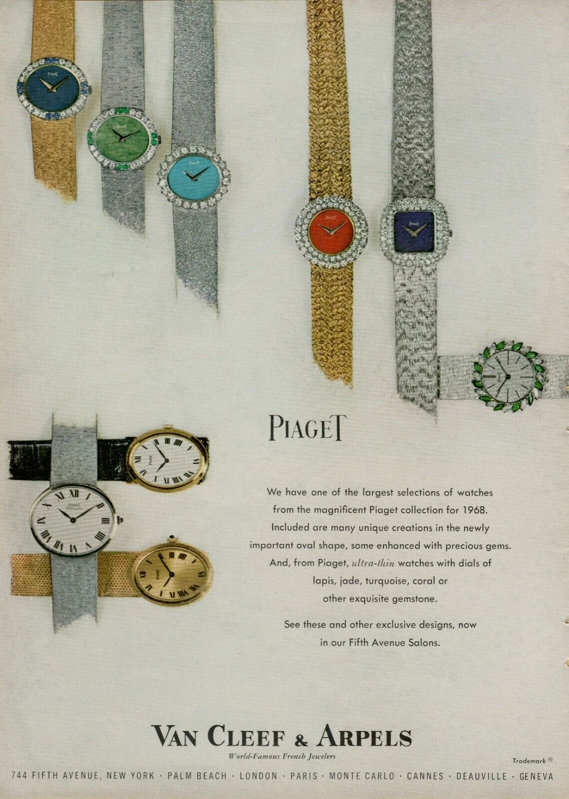 1967 Piaget Ultra-Thin Watches Lapis Jade Turquoise Coral Dials Vintage Print Ad