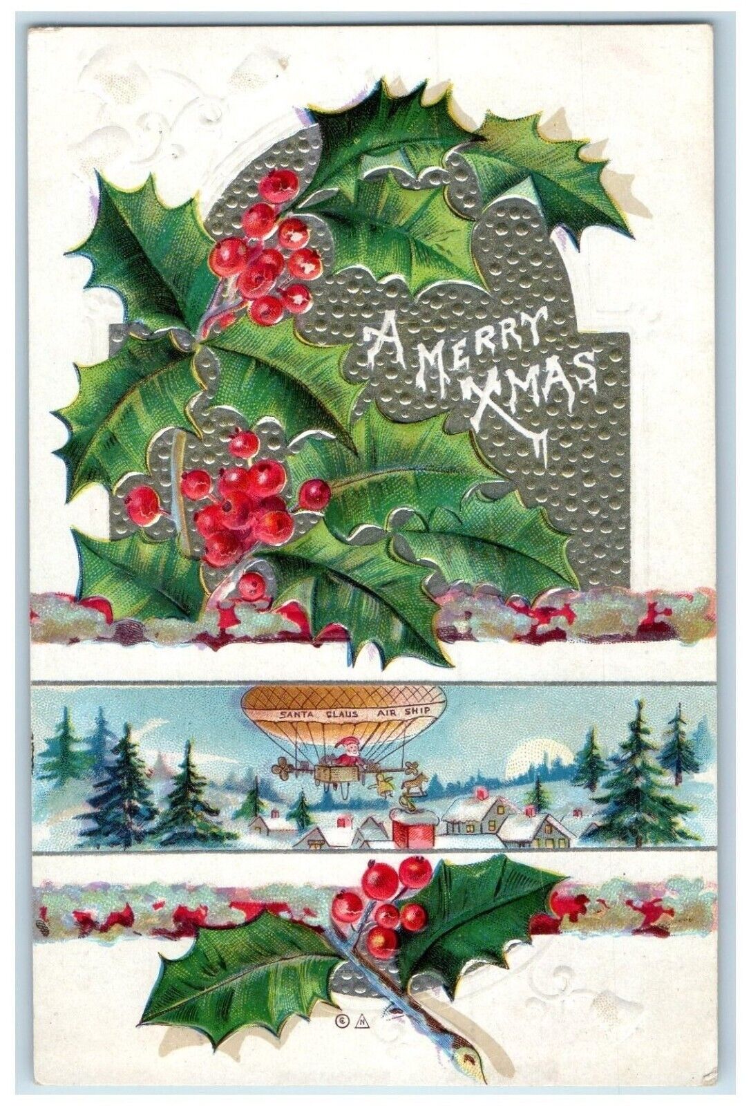 c1910's Christmas Holly Berries Airship Dirigible Winter Scene Nash Postcard