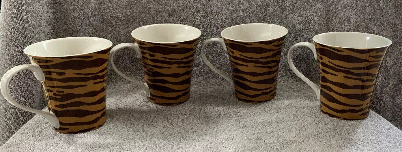 222 Fifth PTS International Porcelain Cup Mug Kilimanjaro Tiger stripes Set of 4