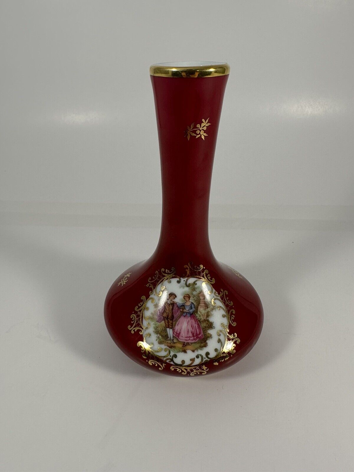 Limoges France Small Bud Vase Round Base Red Courting Couple