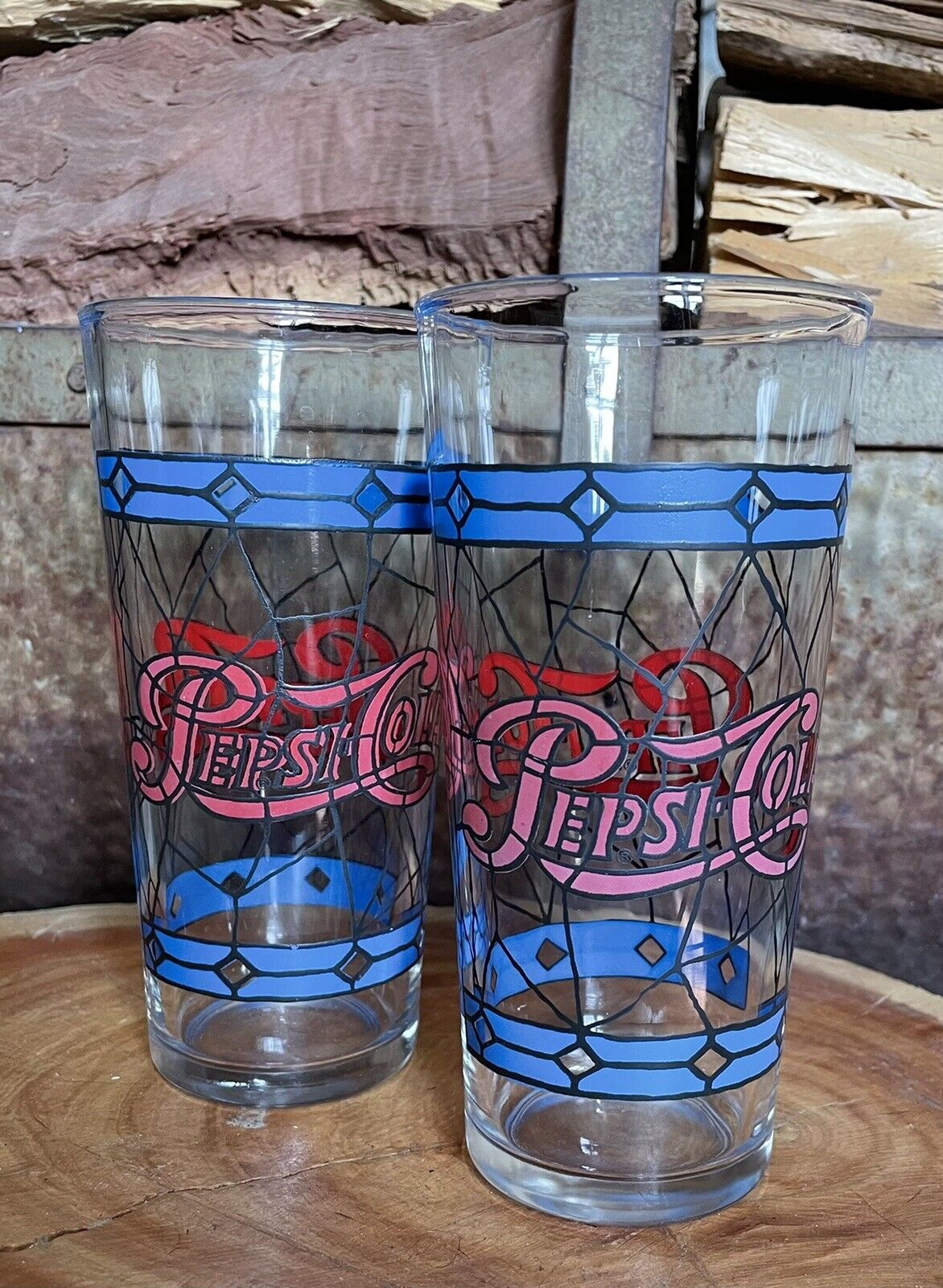 Set Of 2 Vintage Pepsi Cola Tiffany Style Blue Diamond & Stained Glass Red