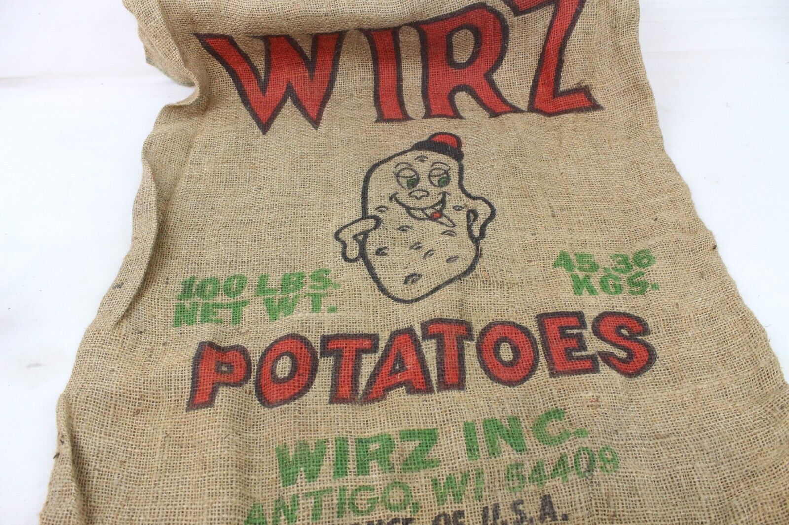 Vintage Burlap Seed Potato Logo Sack Wirz 100 lbs Antigo WI Advertising Rare Old
